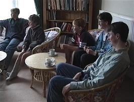 Relaxing with drinks in the TV lounge at the Tower Guest House, Stornoway
